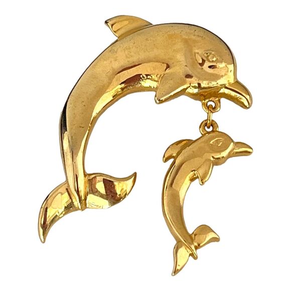 Vintage Dolphins Pin Brooch Mother and Baby Figural Gold Tone 4C - Picture 1 of 3